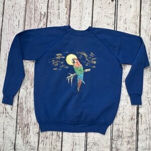Vintage 80s Parrot Bird Animal Print 1980s Blue Pullover Sweatshirt